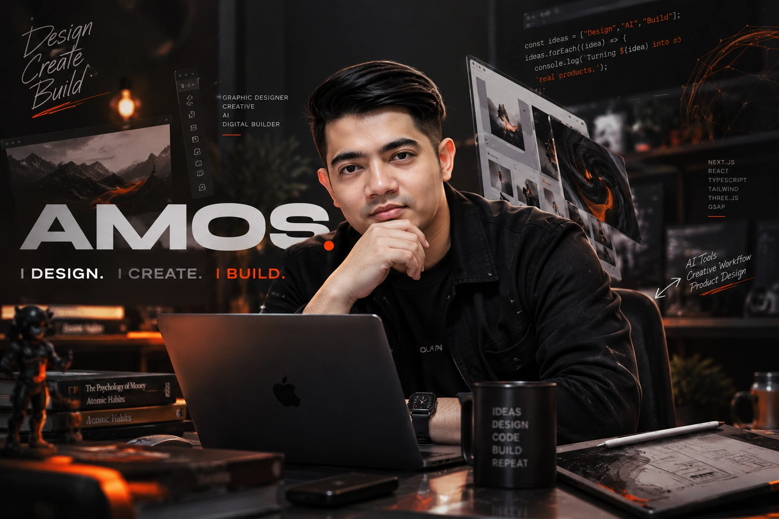 Amos at his creative workstation developing digital experiences combining design, code, and generative AI